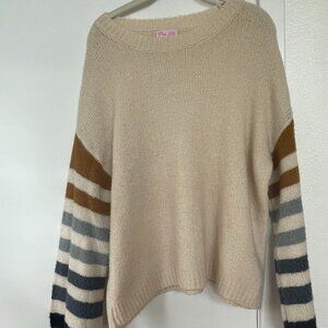 Pink Lily Oversized Knit Cream Sweater with Stripe Sleeves, M,‎ HL122519P21